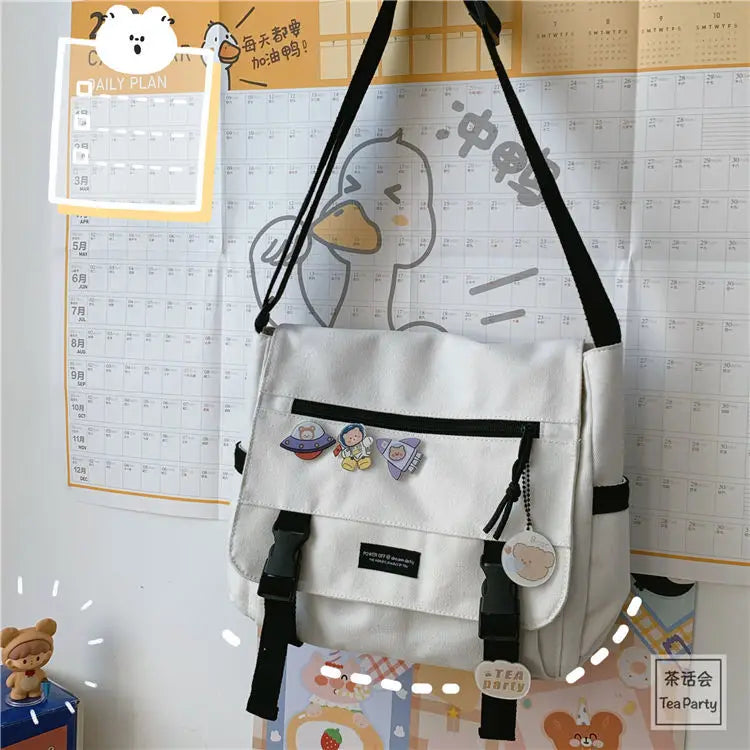 Japanese Harajuku Versatile Canvas Women Messenger Bags Solid Color Flip Casual Handbag Shoulder Bag Teenager Girl Crossbody Bag