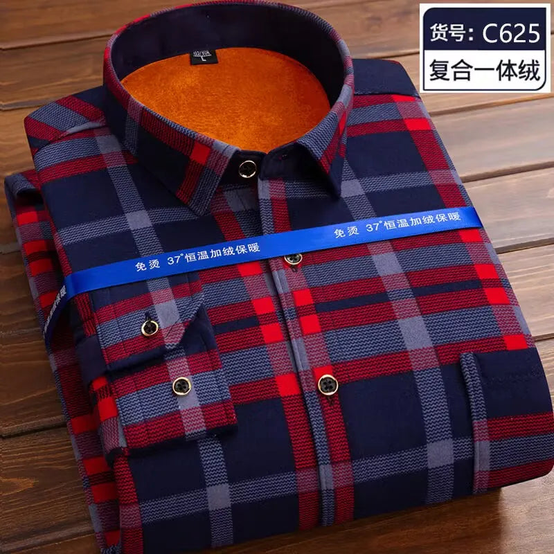 2024 Men Fleece Shirt New Autumn Winter Male Long Sleeve Pla