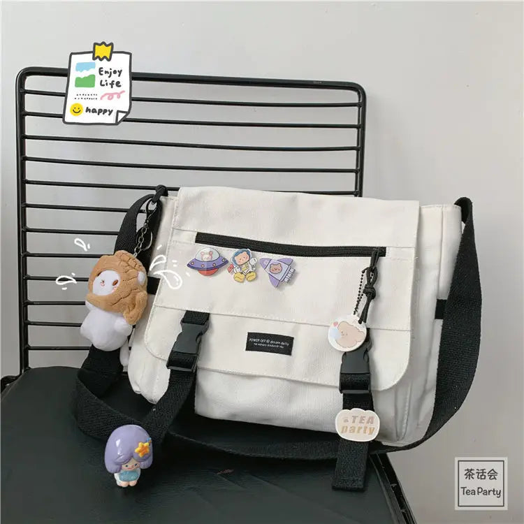 Japanese Harajuku Versatile Canvas Women Messenger Bags Solid Color Flip Casual Handbag Shoulder Bag Teenager Girl Crossbody Bag