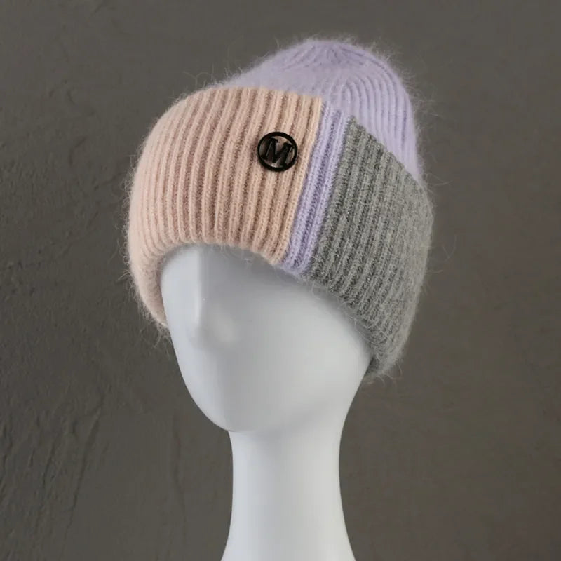 New Color Matching Beanies for Women Rabbit Fur Soft Fluffy