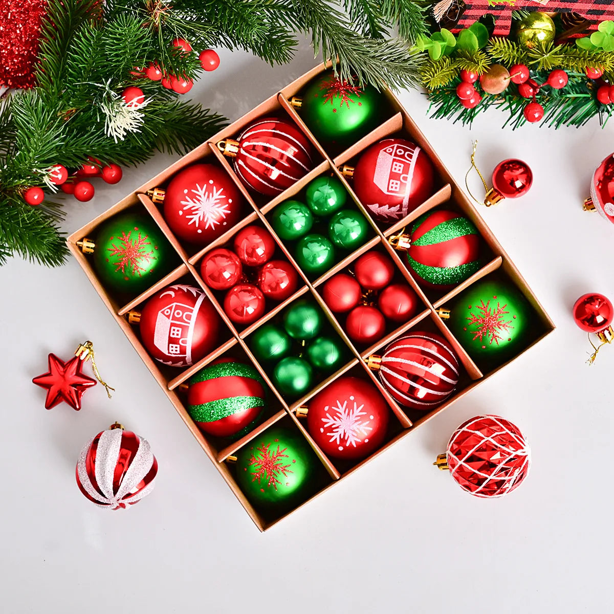 44pcs Christmas Baubles Set – Painted & Electroplated