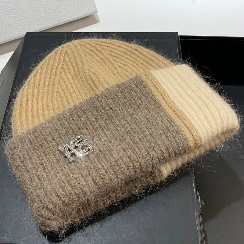 New Color Matching Beanies for Women Rabbit Fur Soft Fluffy