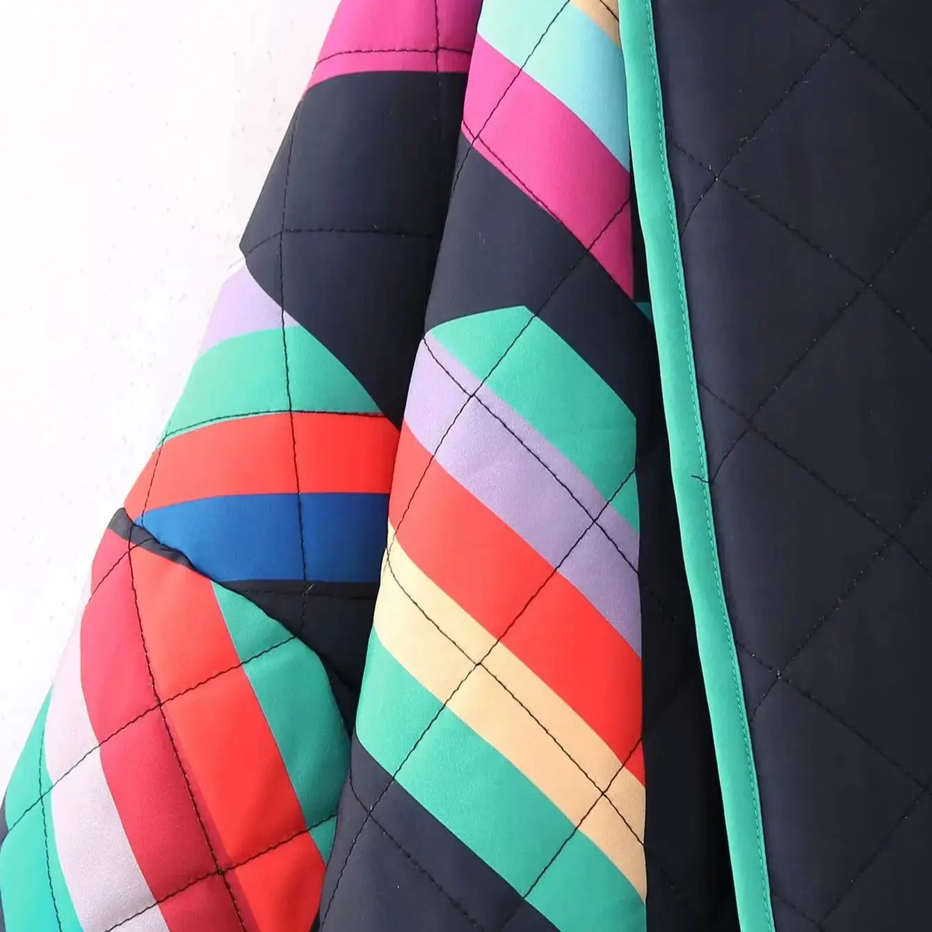 Winter Black Green Geometric Plaid Print Lapel Quilted Coat Ethnic Women Quilting Full Sleeve Warm Loose Jacket Retro Outerwear