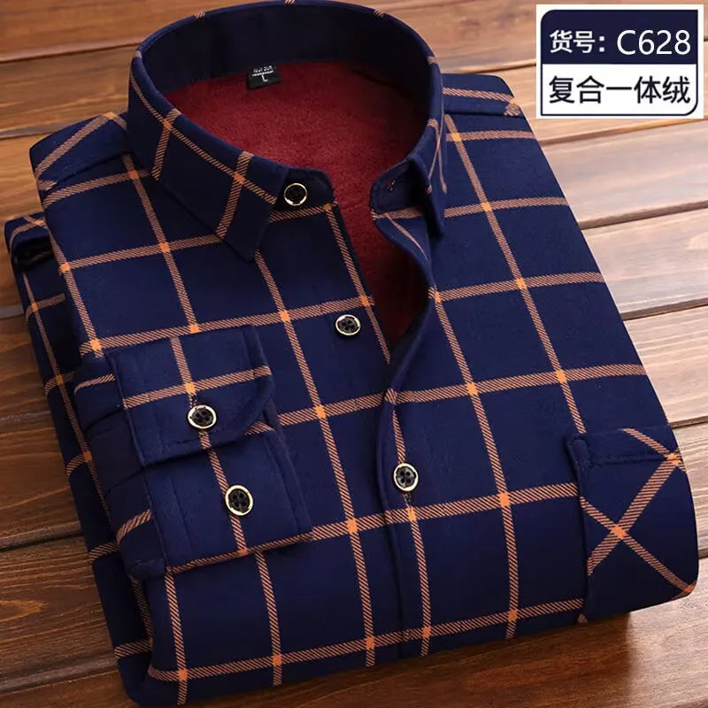 2024 Men Fleece Shirt New Autumn Winter Male Long Sleeve Pla