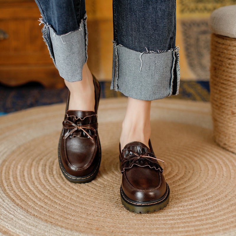 British Style Round Head Chunky Heel Small Leather Shoes For Women - Jasmind Stores