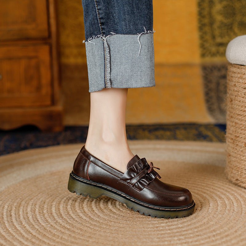 British Style Round Head Chunky Heel Small Leather Shoes For Women - Jasmind Stores