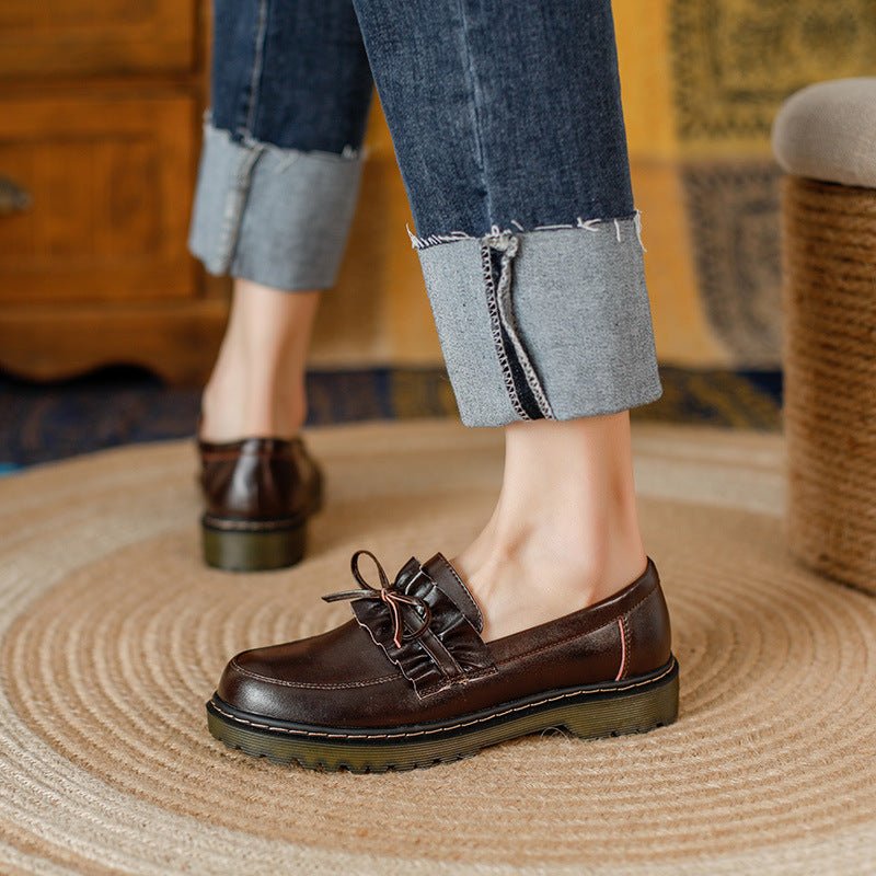 British Style Round Head Chunky Heel Small Leather Shoes For Women - Jasmind Stores