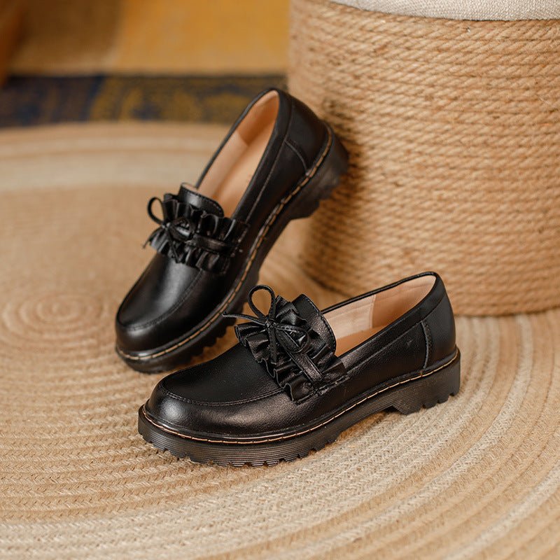 British Style Round Head Chunky Heel Small Leather Shoes For Women - Jasmind Stores