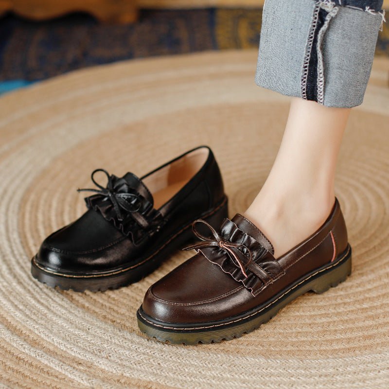 British Style Round Head Chunky Heel Small Leather Shoes For Women - Jasmind Stores