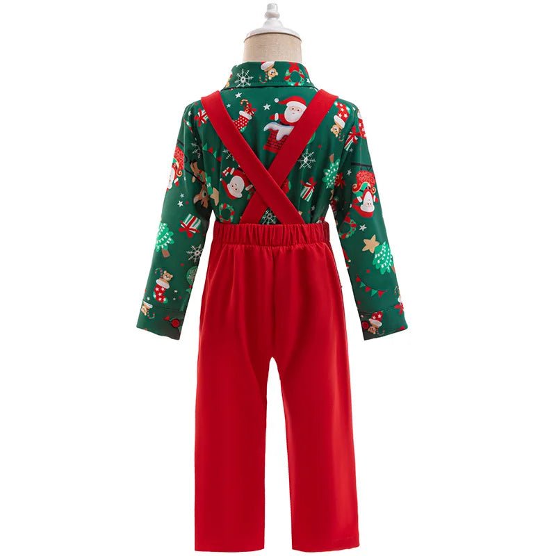 Christmas Children's top and bottom clothes set for Kids boys 1 - 6 Years Cartoon Santa Claus Print top and suspender trousers set - Jasmind Stores