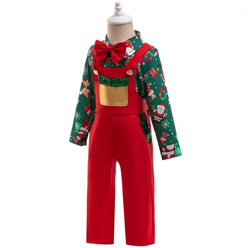 Christmas Children's top and bottom clothes set for Kids boys 1 - 6 Years Cartoon Santa Claus Print top and suspender trousers set - Jasmind Stores