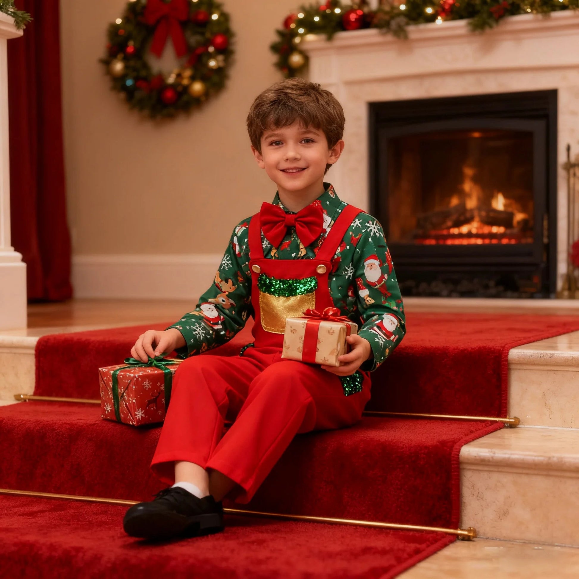 Christmas Children's top and bottom clothes set for Kids boys 1 - 6 Years Cartoon Santa Claus Print top and suspender trousers set - Jasmind Stores