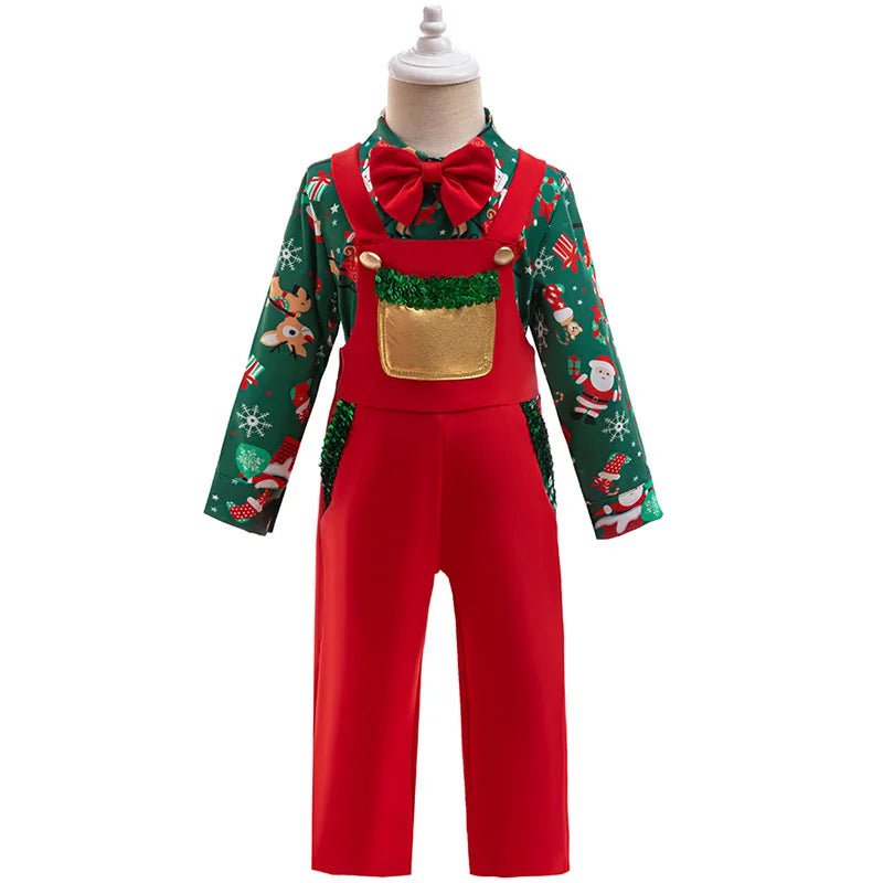 Christmas Children's top and bottom clothes set for Kids boys 1 - 6 Years Cartoon Santa Claus Print top and suspender trousers set - Jasmind Stores