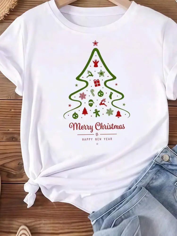 Christmas Clothes Holiday Printed Fashion New Year Women T Shirts Watercolor Tree Cute Top Merry Tees Clothing Graphic T-shirts - Jasmind Stores
