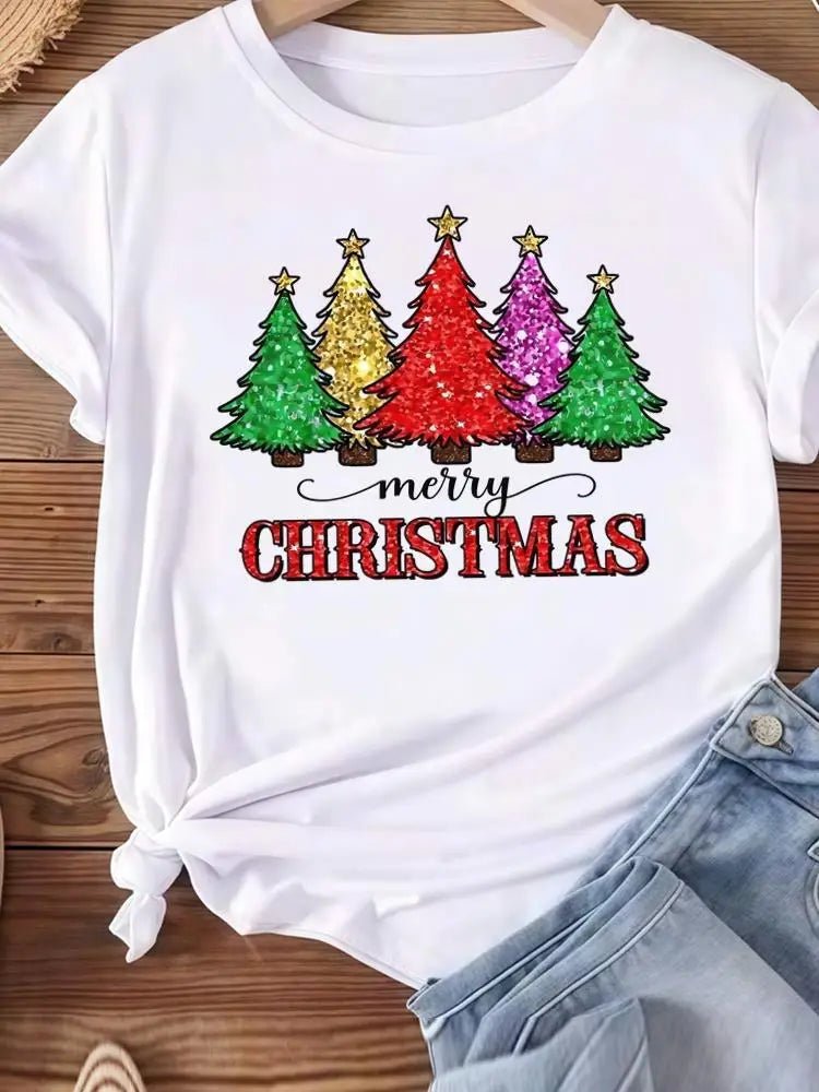 Christmas Clothes Holiday Printed Fashion New Year Women T Shirts Watercolor Tree Cute Top Merry Tees Clothing Graphic T-shirts - Jasmind Stores