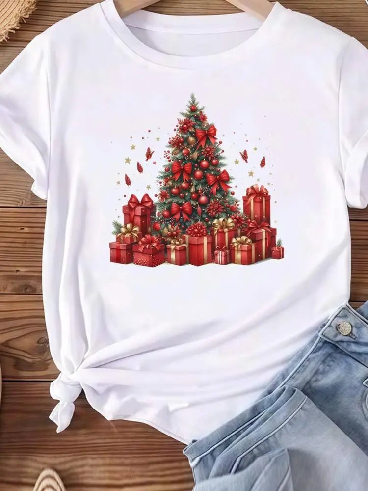 Christmas Clothes Holiday Printed Fashion New Year Women T Shirts Watercolor Tree Cute Top Merry Tees Clothing Graphic T-shirts - Jasmind Stores