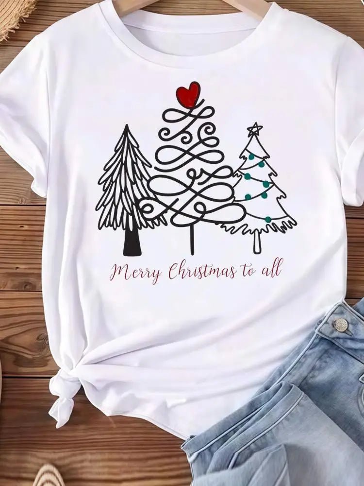 Christmas Clothes Holiday Printed Fashion New Year Women T Shirts Watercolor Tree Cute Top Merry Tees Clothing Graphic T-shirts - Jasmind Stores