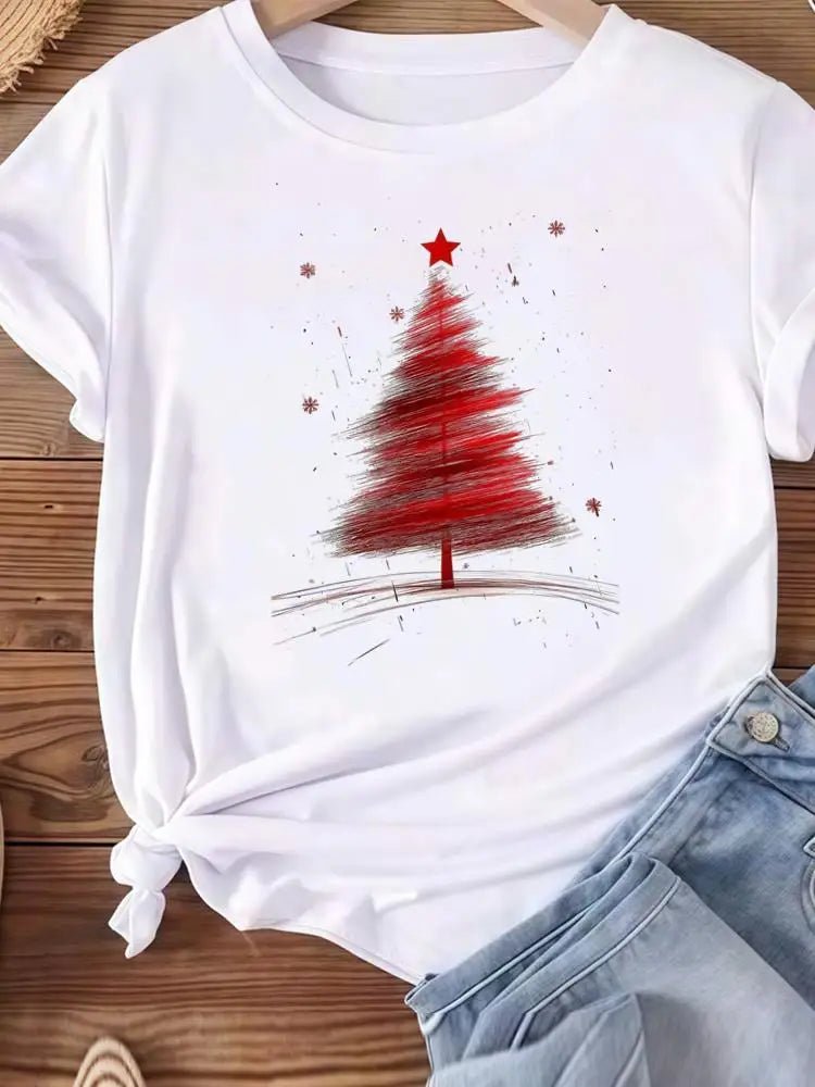 Christmas Clothes Holiday Printed Fashion New Year Women T Shirts Watercolor Tree Cute Top Merry Tees Clothing Graphic T-shirts - Jasmind Stores
