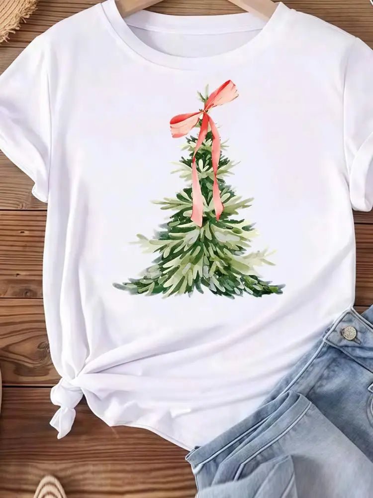 Christmas Clothes Holiday Printed Fashion New Year Women T Shirts Watercolor Tree Cute Top Merry Tees Clothing Graphic T-shirts - Jasmind Stores