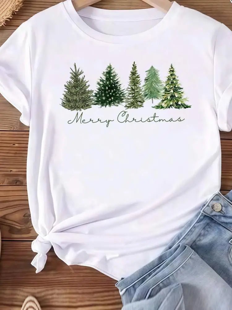 Christmas Clothes Holiday Printed Fashion New Year Women T Shirts Watercolor Tree Cute Top Merry Tees Clothing Graphic T-shirts - Jasmind Stores