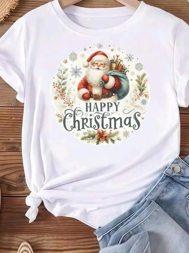 Christmas Clothes Holiday Printed Fashion New Year Women T Shirts Watercolor Tree Cute Top Merry Tees Clothing Graphic T-shirts - Jasmind Stores