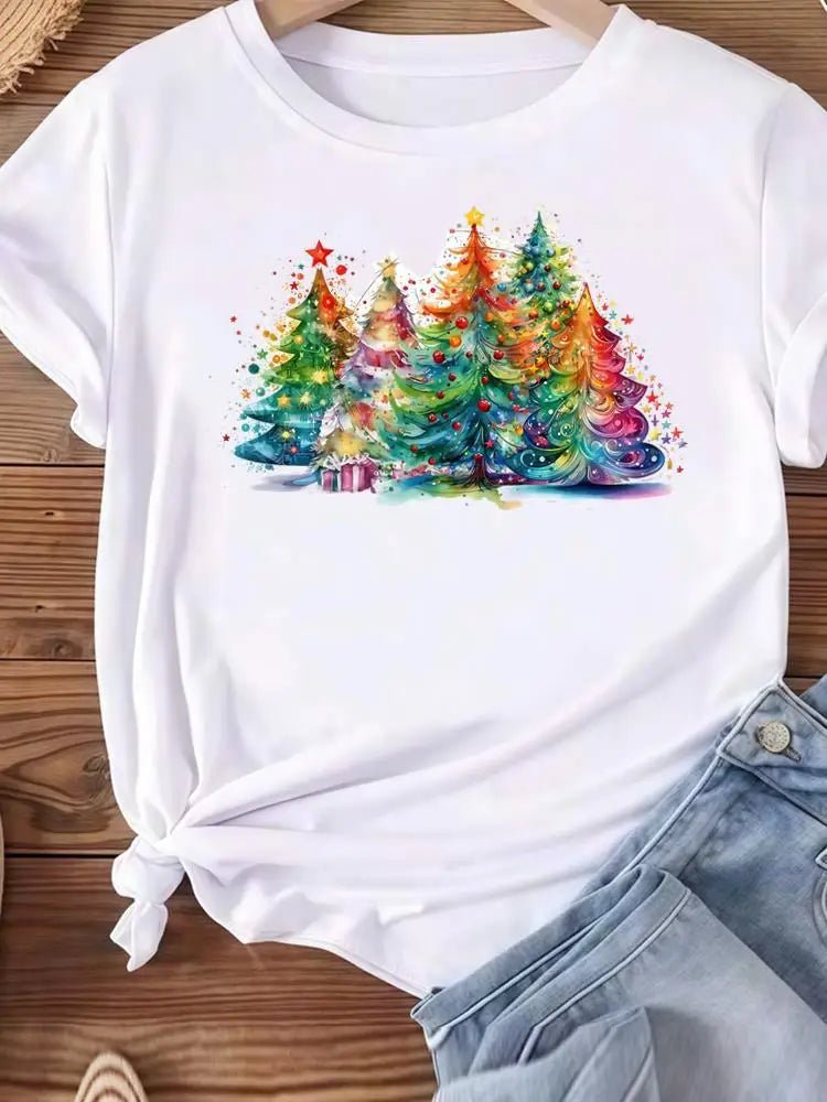 Christmas Clothes Holiday Printed Fashion New Year Women T Shirts Watercolor Tree Cute Top Merry Tees Clothing Graphic T-shirts - Jasmind Stores