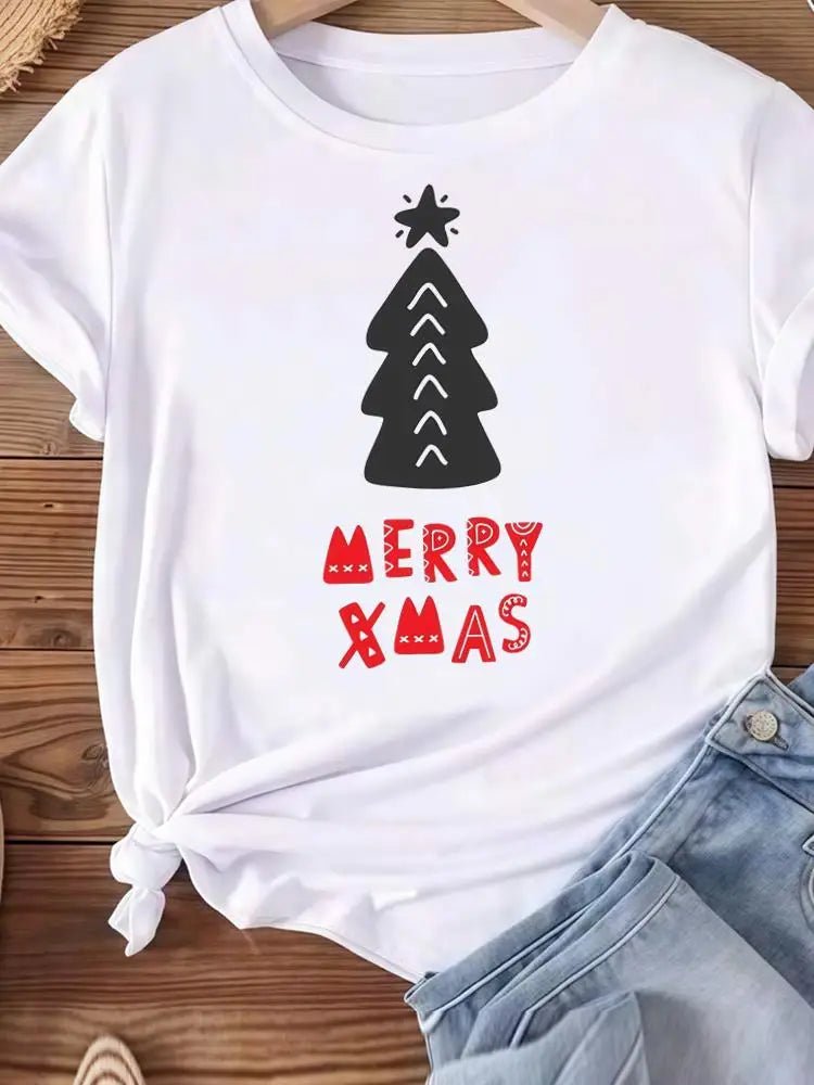 Christmas Clothes Holiday Printed Fashion New Year Women T Shirts Watercolor Tree Cute Top Merry Tees Clothing Graphic T-shirts - Jasmind Stores