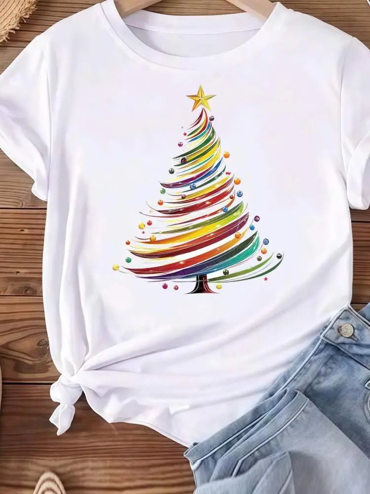 Christmas Clothes Holiday Printed Fashion New Year Women T Shirts Watercolor Tree Cute Top Merry Tees Clothing Graphic T-shirts - Jasmind Stores