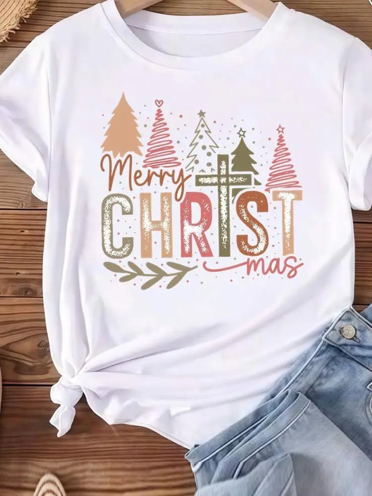 Christmas Clothes Holiday Printed Fashion New Year Women T Shirts Watercolor Tree Cute Top Merry Tees Clothing Graphic T-shirts - Jasmind Stores