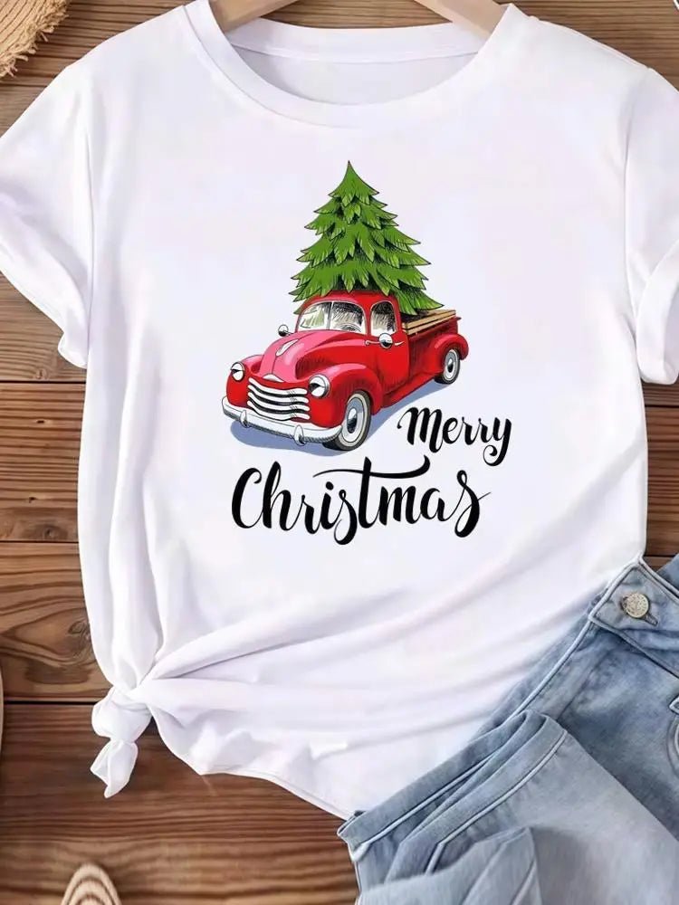 Christmas Clothes Holiday Printed Fashion New Year Women T Shirts Watercolor Tree Cute Top Merry Tees Clothing Graphic T-shirts - Jasmind Stores