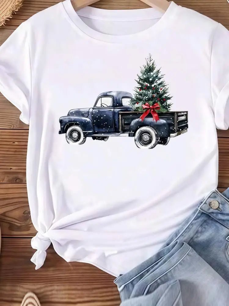 Christmas Clothes Holiday Printed Fashion New Year Women T Shirts Watercolor Tree Cute Top Merry Tees Clothing Graphic T-shirts - Jasmind Stores