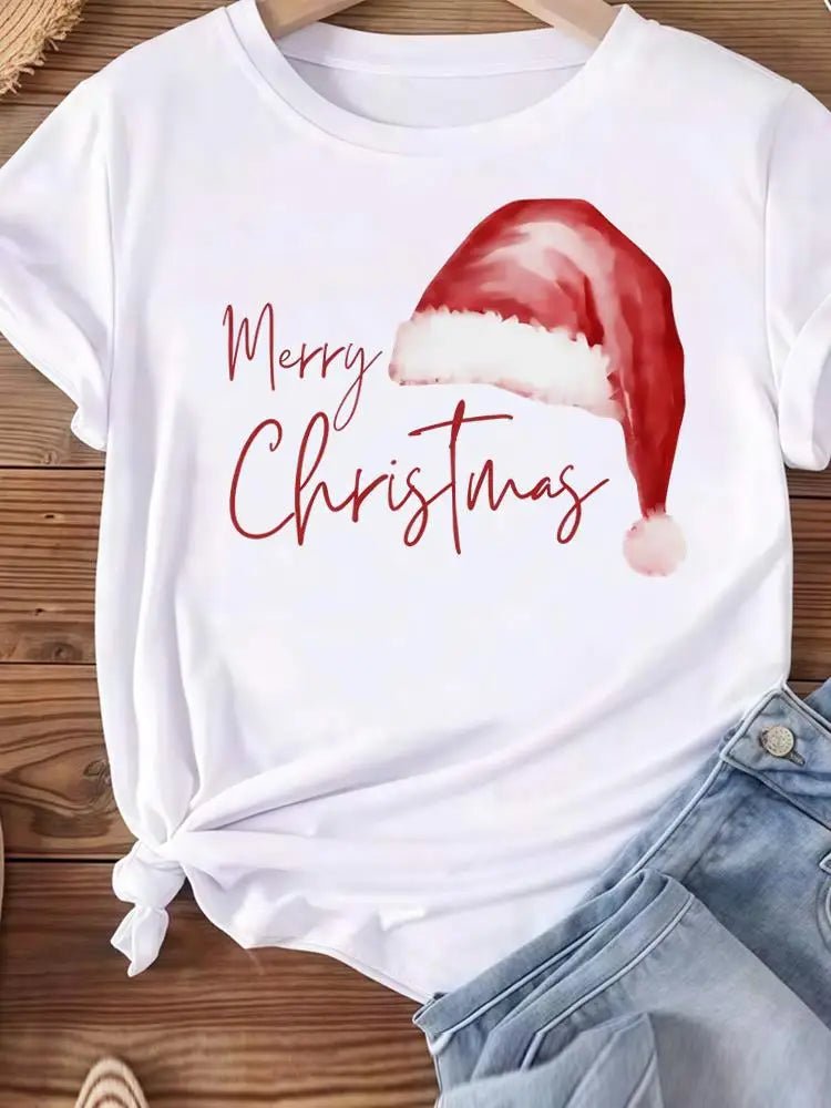 Christmas Clothes Holiday Printed Fashion New Year Women T Shirts Watercolor Tree Cute Top Merry Tees Clothing Graphic T-shirts - Jasmind Stores