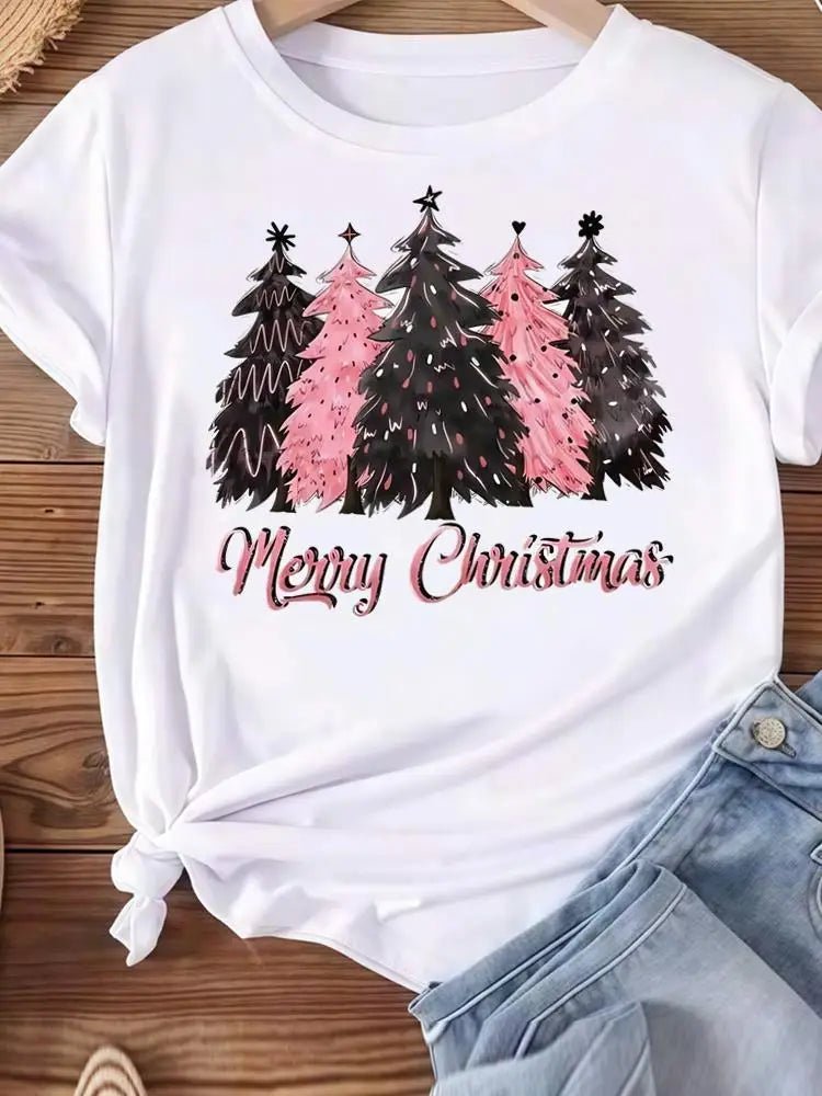 Christmas Clothes Holiday Printed Fashion New Year Women T Shirts Watercolor Tree Cute Top Merry Tees Clothing Graphic T-shirts - Jasmind Stores