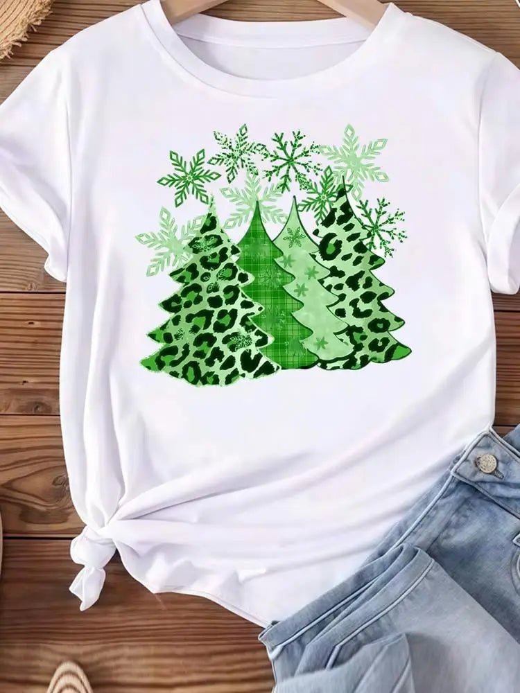 Christmas Clothes Holiday Printed Fashion New Year Women T Shirts Watercolor Tree Cute Top Merry Tees Clothing Graphic T-shirts - Jasmind Stores