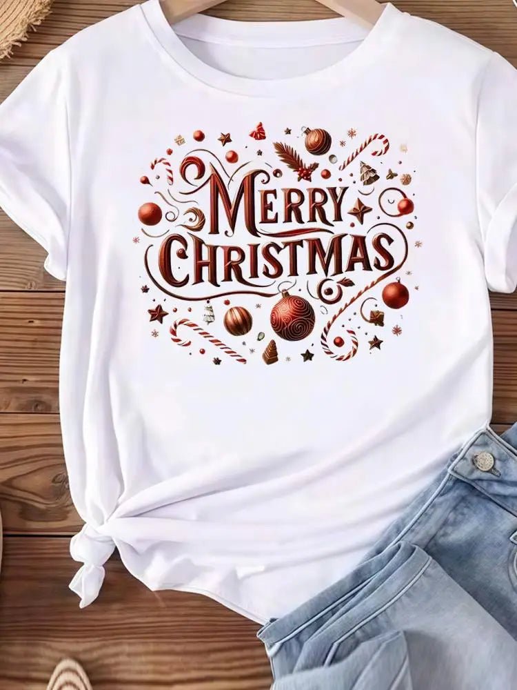 Christmas Clothes Holiday Printed Fashion New Year Women T Shirts Watercolor Tree Cute Top Merry Tees Clothing Graphic T-shirts - Jasmind Stores