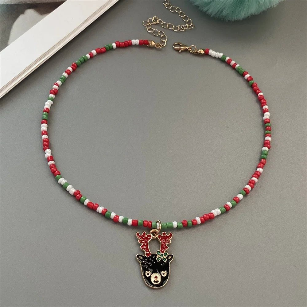 Christmas Necklaces for Women Girls Handmade Rice Beads X'mas Tree Santa Claus Snowman Gift Necklace Pendant New Year Jewelry - Jasmind Stores
