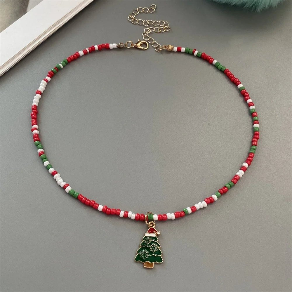Christmas Necklaces for Women Girls Handmade Rice Beads X'mas Tree Santa Claus Snowman Gift Necklace Pendant New Year Jewelry - Jasmind Stores