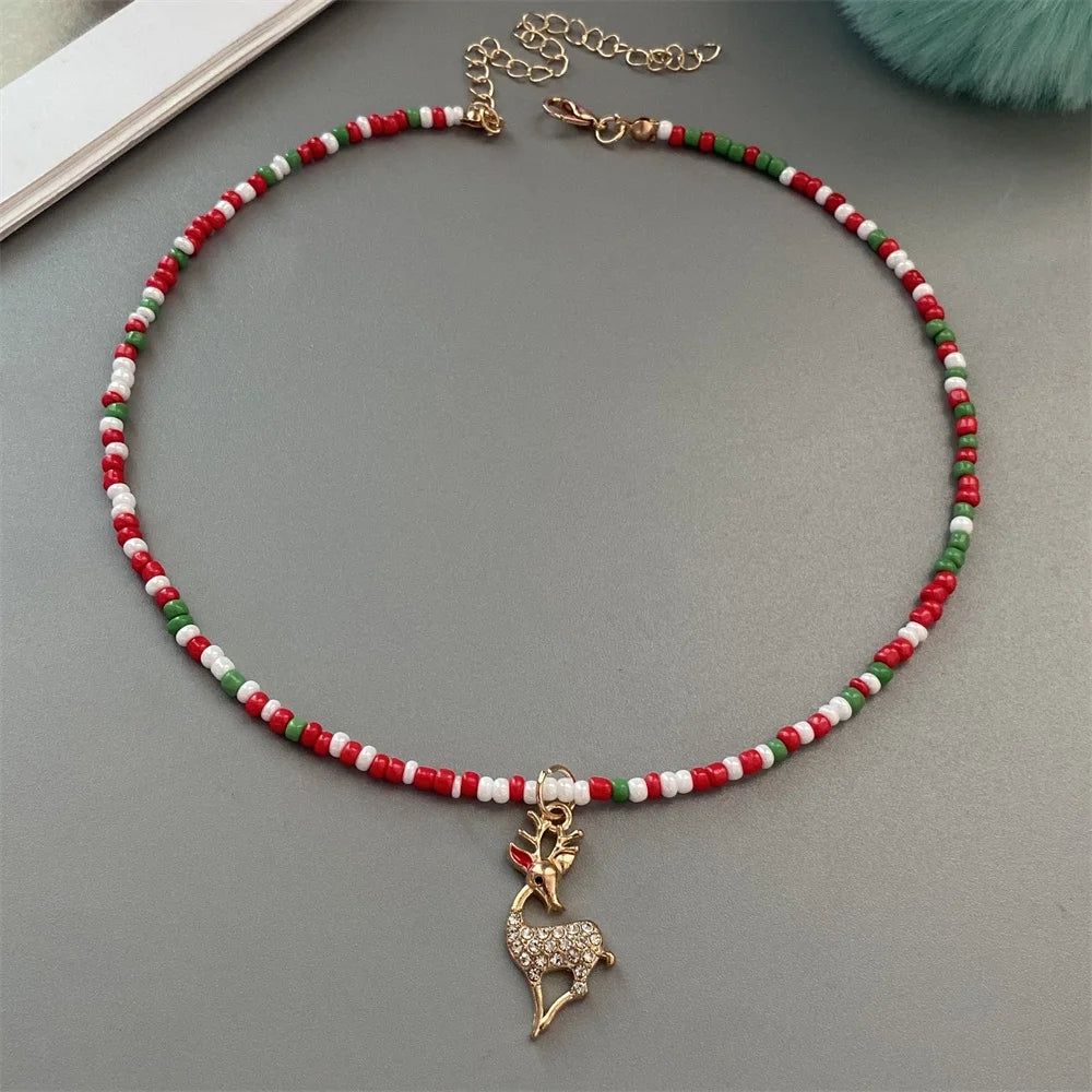 Christmas Necklaces for Women Girls Handmade Rice Beads X'mas Tree Santa Claus Snowman Gift Necklace Pendant New Year Jewelry - Jasmind Stores