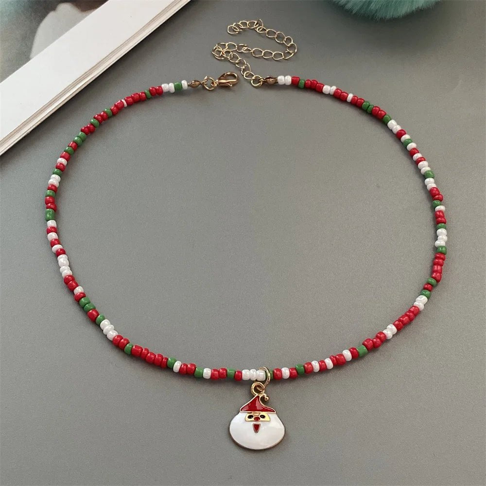 Christmas Necklaces for Women Girls Handmade Rice Beads X'mas Tree Santa Claus Snowman Gift Necklace Pendant New Year Jewelry - Jasmind Stores