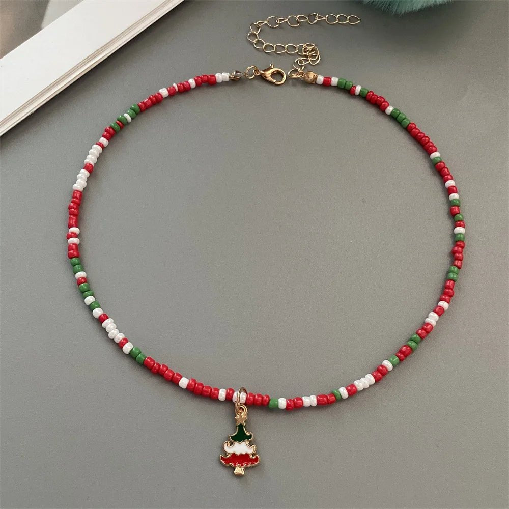 Christmas Necklaces for Women Girls Handmade Rice Beads X'mas Tree Santa Claus Snowman Gift Necklace Pendant New Year Jewelry - Jasmind Stores
