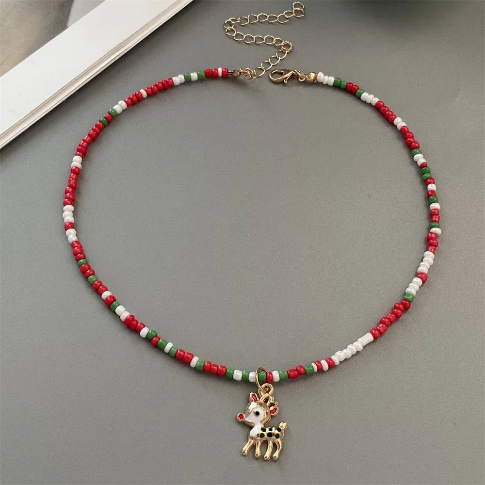 Christmas Necklaces for Women Girls Handmade Rice Beads X'mas Tree Santa Claus Snowman Gift Necklace Pendant New Year Jewelry - Jasmind Stores