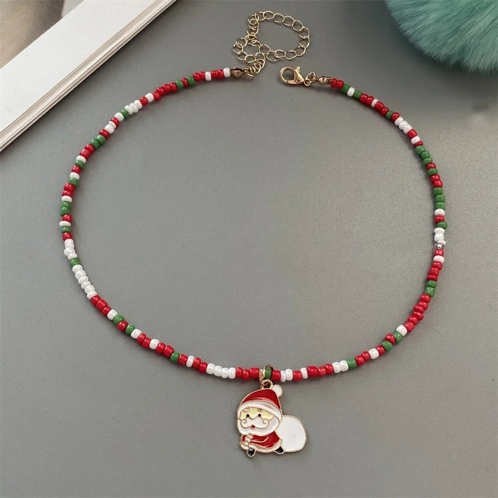 Christmas Necklaces for Women Girls Handmade Rice Beads X'mas Tree Santa Claus Snowman Gift Necklace Pendant New Year Jewelry - Jasmind Stores