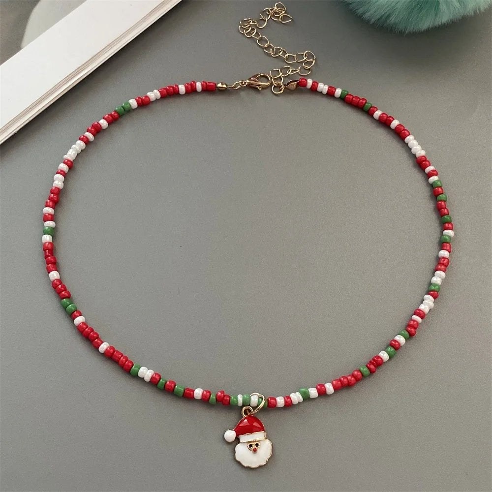 Christmas Necklaces for Women Girls Handmade Rice Beads X'mas Tree Santa Claus Snowman Gift Necklace Pendant New Year Jewelry - Jasmind Stores