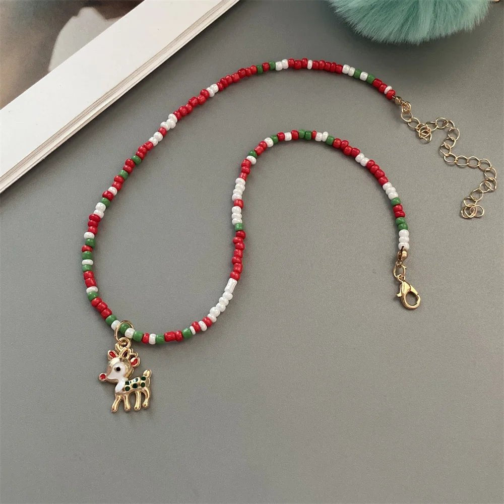 Christmas Necklaces for Women Girls Handmade Rice Beads X'mas Tree Santa Claus Snowman Gift Necklace Pendant New Year Jewelry - Jasmind Stores