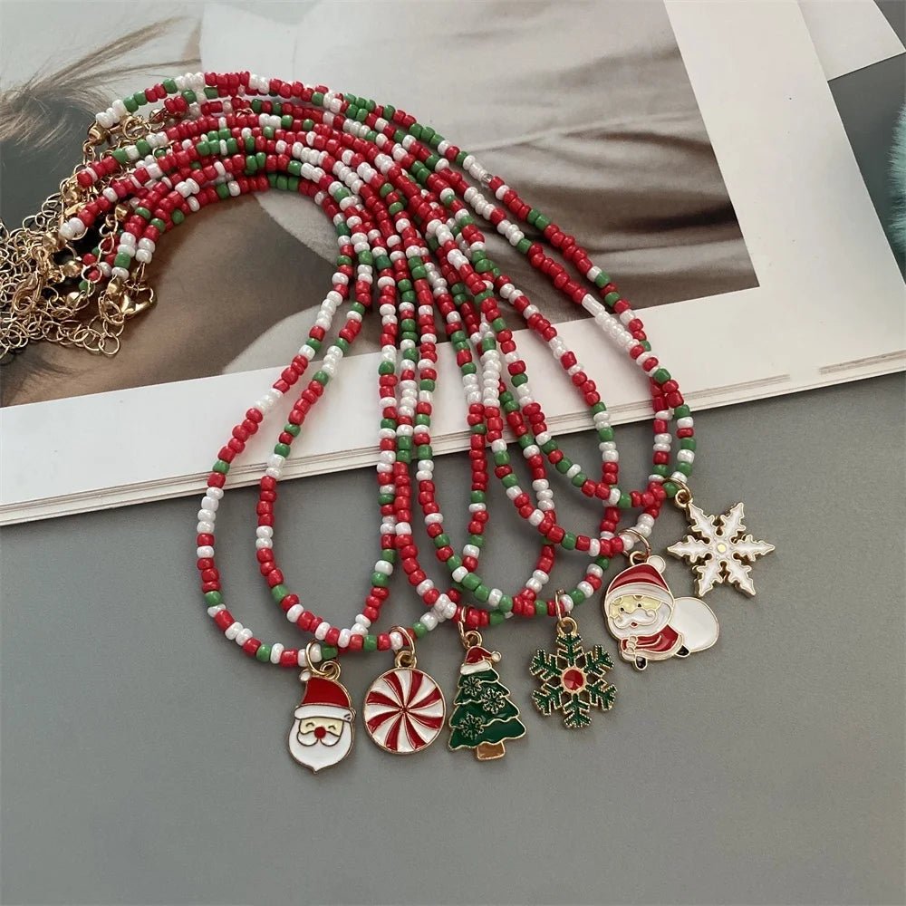 Christmas Necklaces for Women Girls Handmade Rice Beads X'mas Tree Santa Claus Snowman Gift Necklace Pendant New Year Jewelry - Jasmind Stores