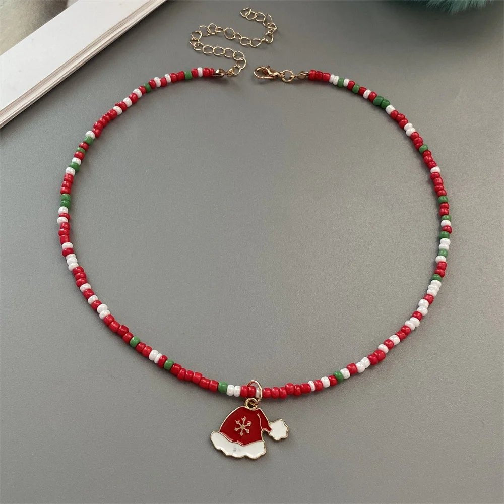 Christmas Necklaces for Women Girls Handmade Rice Beads X'mas Tree Santa Claus Snowman Gift Necklace Pendant New Year Jewelry - Jasmind Stores