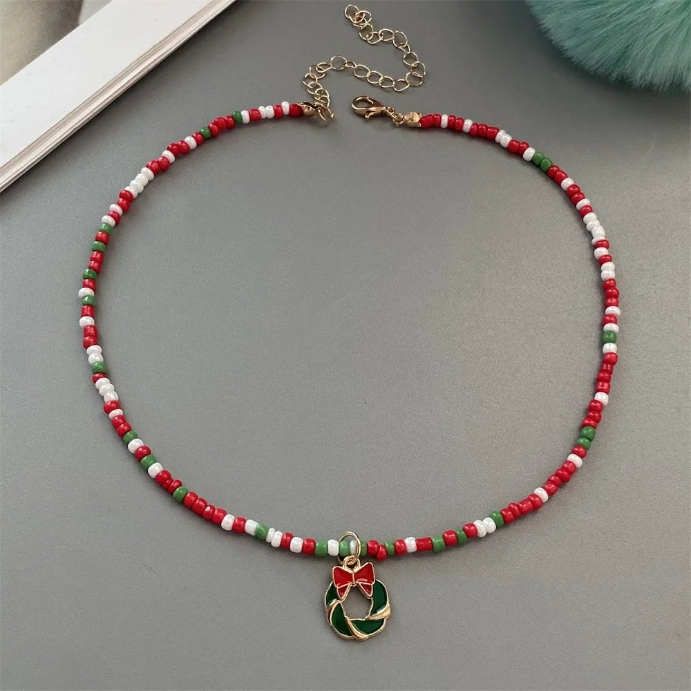 Christmas Necklaces for Women Girls Handmade Rice Beads X'mas Tree Santa Claus Snowman Gift Necklace Pendant New Year Jewelry - Jasmind Stores