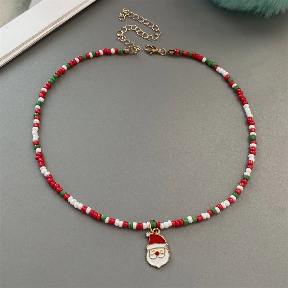 Christmas Necklaces for Women Girls Handmade Rice Beads X'mas Tree Santa Claus Snowman Gift Necklace Pendant New Year Jewelry - Jasmind Stores