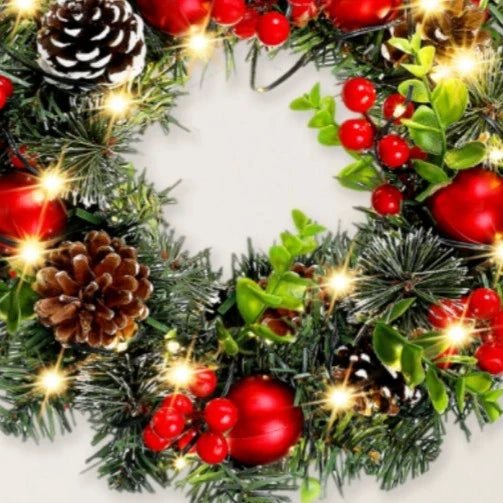 Elegant Red Christmas Wreath LED PVC Red Fruit Christmas Wreath Window Door Wall Ornament Decorations Home Halloween Decor Gifts - Jasmind Stores