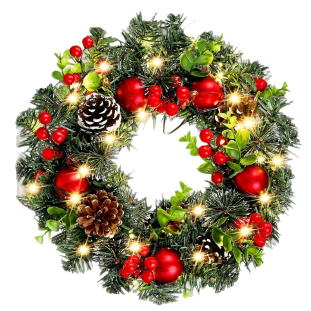 Elegant Red Christmas Wreath LED PVC Red Fruit Christmas Wreath Window Door Wall Ornament Decorations Home Halloween Decor Gifts - Jasmind Stores